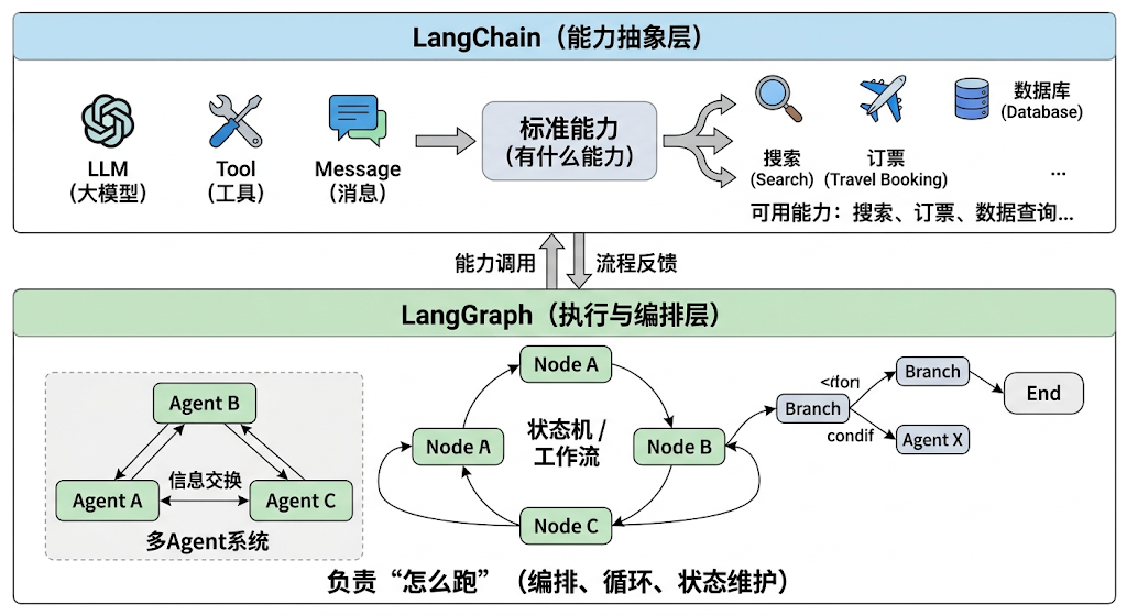 LangChain 能力抽象层与 LangGraph 执行编排层