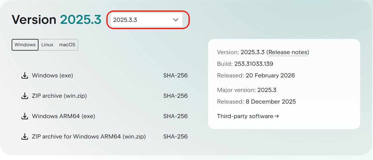 PyCharm 2025.3 历史版本下载页面